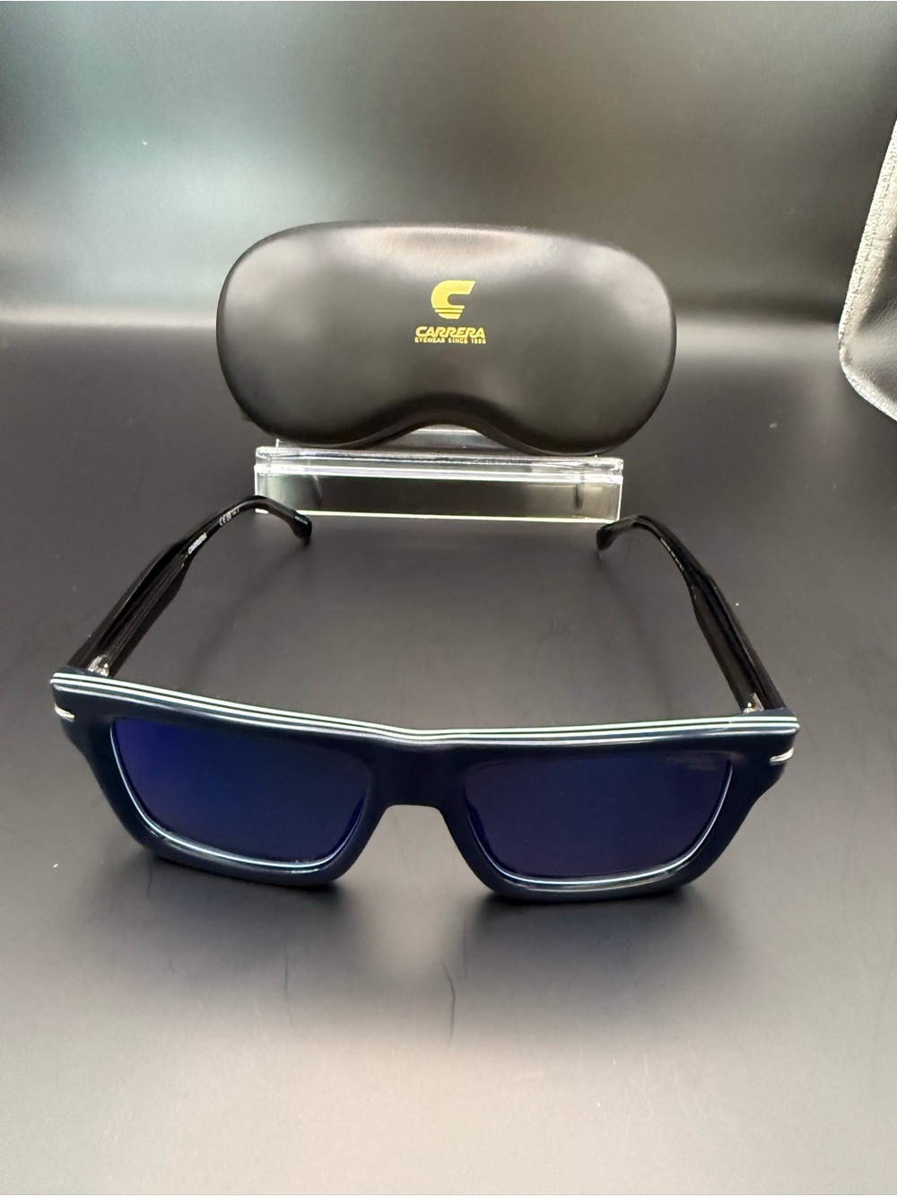 Carrera Blue Lens Black Frame Sunglasses with Protective Case